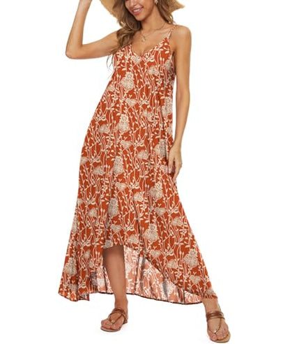 LILBETTER Women V-Neck Polka Dot Print Spaghetti Strap Boho Long Maxi Dresses - color: Flower Orange, size: Small