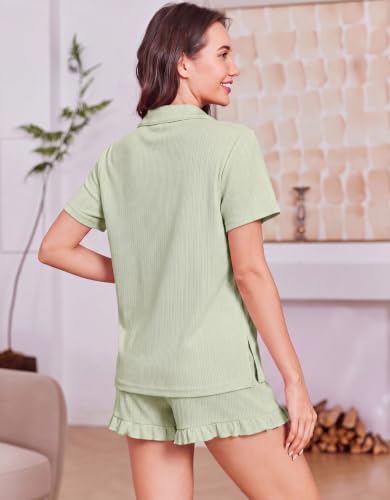 Ekouaer Women's Pajamas Sets Button Down Pjs Short Sleeve Ruffle Sleepwear - color: Light Green, size: Medium