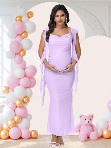 Women's Maternity Draped Neck Ruffle Bodycon Baby Shower Dress - color: Violet, size: X-Large