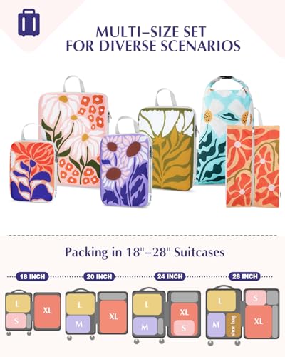Gonex 6-Piece Compression Packing Cubes with Shoe & Laundry Bags - color: Flowers, size: 6 Set