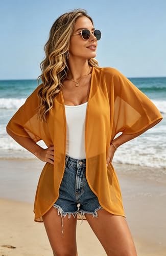 FINOCEANS Womens Kimono Cardigans Cover Up Beach Floral Summer Casual Tops - color: 01n Ginger, size: Medium