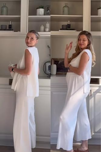 Lviefent Womens 2 Piece Outfits Sweater Set Sleeveless Side Slit Pullover Top Knit Wide Leg Pants Lounge Matching Sets - color: Beige, size: X-Small