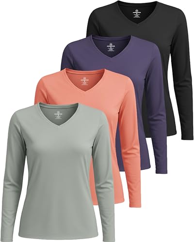 Real Essentials 4 Pack: Women's Long Sleeve Dry Fit V-Neck T-Shirt - Active Athletic Workout Gym Top (Plus Available) - color: Set 5, size: X-Large