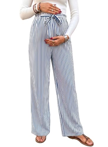 BLENCOT Striped Maternity Pants Tie Waist Fall Pregnancy Postpartum Outfits - color: Blue, size: Medium