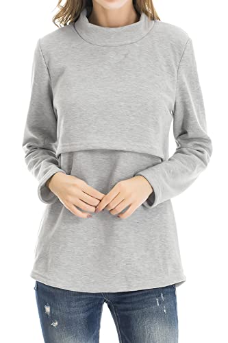 Smallshow Women's Fleece Nursing Tops Shirts Long Sleeve Breastfeeding Clothes - color: Light Grey, size: X-Large