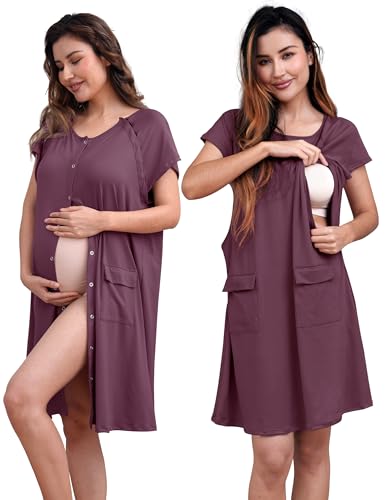 SUNNYBUY 2 PCS Maternity Labor & Delivery Gown with Matching Nursing Dress - color: Burgundy, size: Medium