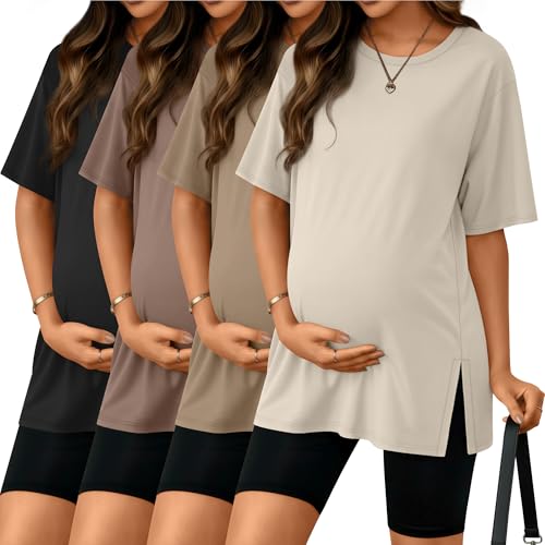 Riyiper 4 Pack Women's Short Sleeve Maternity T Shirts - color: Black, Coffee, Khaki, Cream, size: Medium