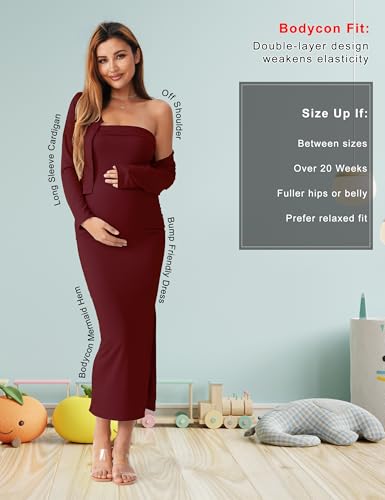 2 Piece Strapless Maternity Dress & Cardigan Set for Baby Shower - color: Burgundy, size: Medium