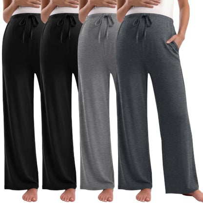 Huukeay 4 Pack Women's Maternity Wide Leg Casual Lounge Pants - color: Dark Mixed Gray, Light Gray, Black, Black, size: Medium