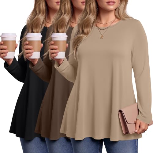 Evervibe 3 Pack Womens Plus Size Tunic Tops - color: Black, Brown, Khaki, size: XX-Large