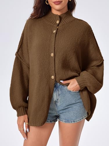 Saodimallsu Womens Oversized Cardigans Long Lantern Sleeve Button Down Chunky Knit Loose Fall Sweater Coats - color: Coffee, size: Small