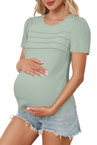 OUGES Womens 2026 Maternity Tops Shirts Pleated Short Sleeve Crew Neck Tunic Summer Casual Pregnancy Clothes - color: Grey Green, size: Medium