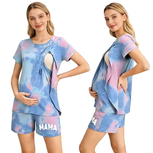 Maternity Nursing 2 Piece Pajama Set Double Layer Breastfeeding Sleepwear - color: A-tie-dye, size: XX-Large