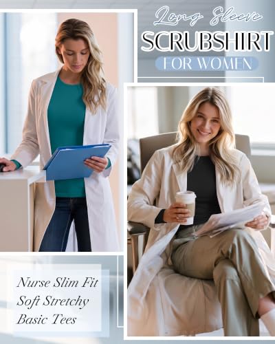 4 Pack Womens Crew Neck Long Sleeve Underscrub Shirts - color: Black, Light Gray, White, Turquoise, size: X-Large