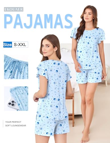 Ekouaer Womens Pajama Sets 2 Piece Ruffle Sleeves Top and Shorts Pjs - color: Blue Star, size: Medium