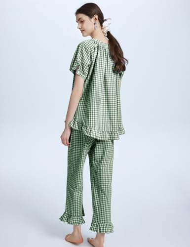 Flygo Women's Cotton Gingham Pajama Set 2 Piece Ruffle Lounge Sleepwear - color: Darkgreen, size: Medium