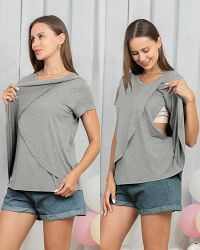 Rnxrbb 3 Pack Nursing Tops for Women Maternity Breastfeeding Shirts - color: Black&light Gray&navy Stripe, size: Medium