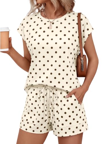 AUTOMET Womens 2 Piece Summer Matching Lounge Short Sets with Pockets - color: Apricot Dots, size: X-Small