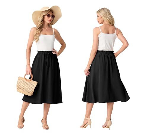 FREEOAK High Waist Skirts for Women Below Knee Casual Flowy Summer Midi Skirts Palazzo A-Line Long Skirt with Pockets - color: A - Black, size: Small