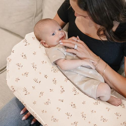 Konssy 2-Pack 100% Cotton Muslin Nursing Pillow Covers, Soft Cover for Baby - color: Brown Leaf, Pink Sun