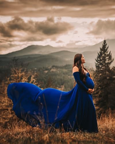 Saslax Off Shoulder Maternity Maxi Dress for Photoshoot - color: Blue, size: XX-Large