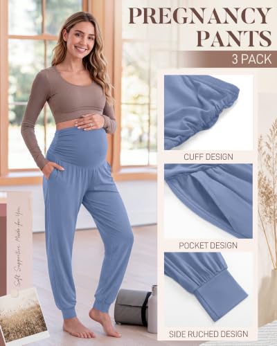 Neer 3 Pack Maternity Joggers Lounge Sweatpants with Pockets - color: Black, Dark Heather Gray, Blue, size: Large