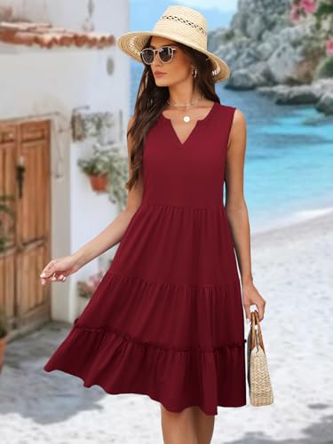 Summer Dresses for Women 2026 Flowy Casual Boho Midi Sun Dress with Pockets - color: Solid-red, size: X-Large