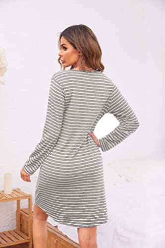 Ekouaer Women's Nightgowns Long Sleeve Button Down V Neck Pajama Dress - color: Light Grey Striped, size: Small