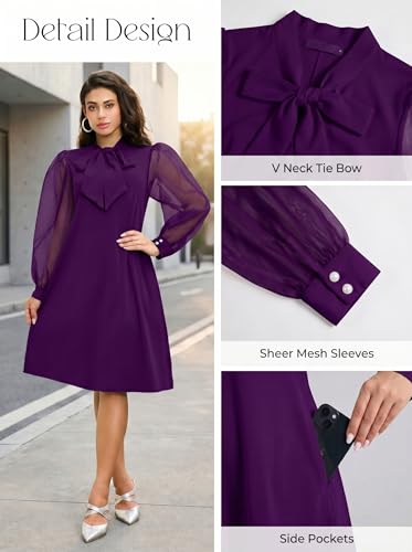 Ekaliy Women Bow Collar Shift A-Line Knee-Length Dress Church Cocktail Work - color: Purple, size: Medium