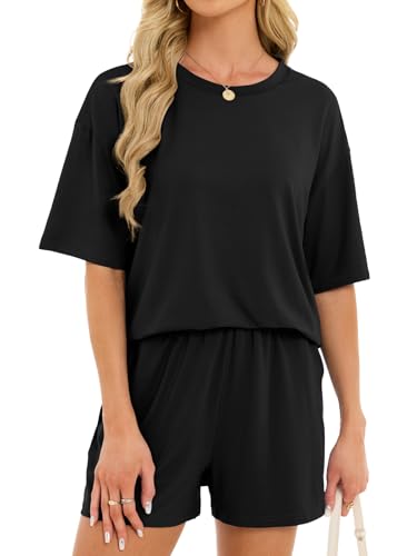 Women's 2 Piece Short Sets Loose Lounge Sets Summer Matching Sets - color: Black, size: Small