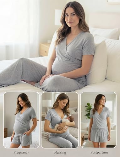 PATPAT 3-Piece Maternity Nursing Pajamas, Womens Lounge Set with Pockets - color: Heather Gray, size: Medium