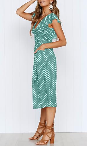 MITILLY Women's Boho Polka Dot Flutter Short Sleeve V Neck Button Down Swing Midi Dress with Pockets - color: 10 Sage, size: Small
