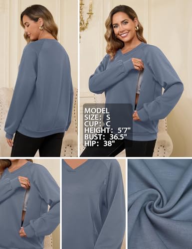 Bhome Nursing Sweatshirt Long Sleeve V Neck Breastfeeding Shirts Zipper Maternity Pumping Tops Pregnancy Sweater Pullover - color: Gray Blue, size: Medium