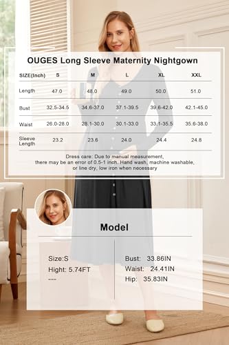 OUGES Cotton Blend Maternity Pajamas Nightgown Button Down Nursing Gown Labor Delivery Breastfeeding Dress with Pockets - color: Black, size: Small