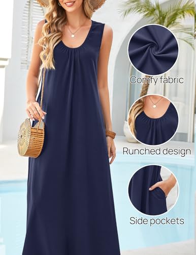 MEROKEETY Women's Summer Boho Sleeveless Ruched Maxi Dress - color: Navy, size: Medium