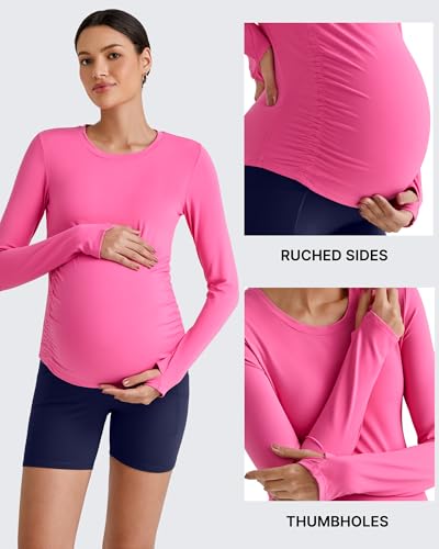 G4Free BareFeel Pregnancy Workout Tops Maternity Long Sleeve Shirts Ruches - color: Hot Pink, size: XX-Large