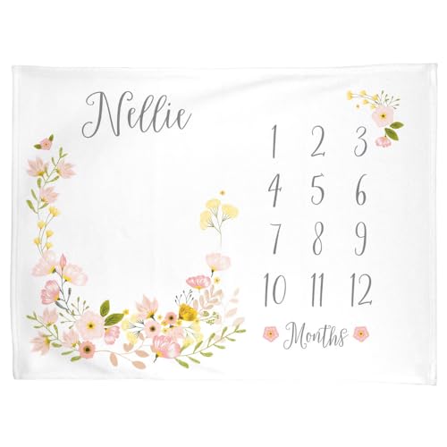 Personalized Baby Girl Milestone Blanket, Custom Floral Wreath Monthly Growth Blanket with Name, Newborn Photography Prop First Year Keepsake - color: Wildflower#6