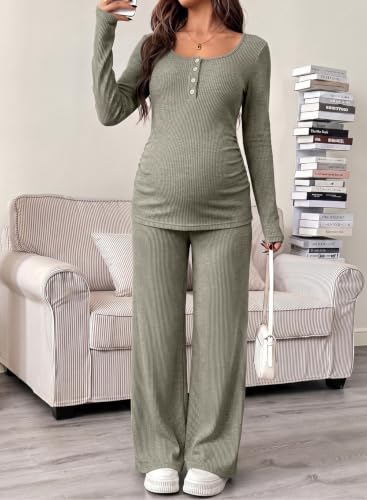 BLENCOT Maternity Clothes Ribbed Long Sleeve Sets Button 2 Piece Outfits - color: Green, size: Large