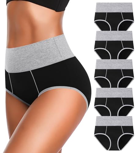 OLIKEME High Waisted Underwear for Women Tummy Control Cotton Plus Size Full Coverage Packs Ladies Panties Briefs - color: Black+grey Waistband -5 Pack, size: 4X-Large