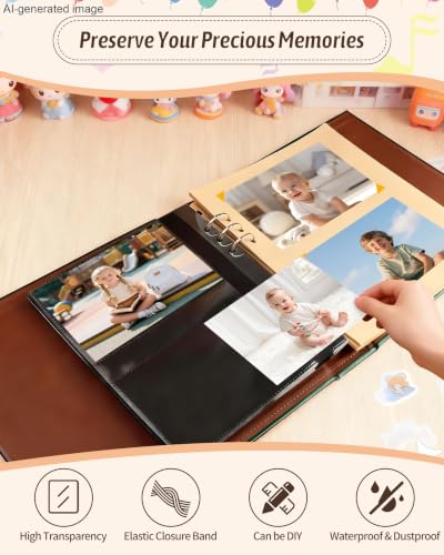 Leather Baby Scrapbook Album, Baby Memory Keepsake for New Moms & Dads - color: Green