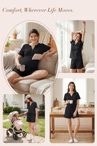 OUGES Women's 100% Soft Cotton Maternity Pajamas Sets Short Sleeve Pregnancy Postpartum 2 Piece Outfits Sleepwear - color: Black, size: X-Large