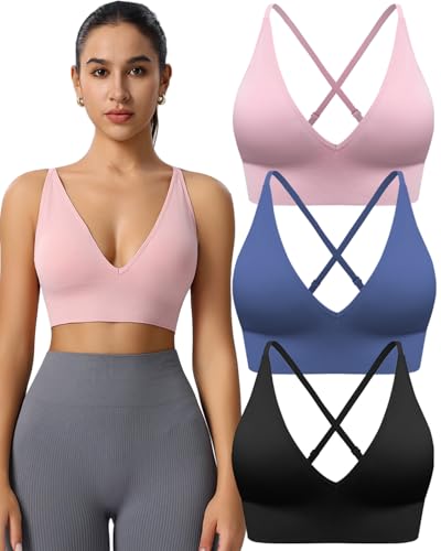 Women's V Neck Sports Bras, Adjustable Seamless Wireless Padded Bralettes - color: Black Pink Navy-blue 3 Pack, size: Medium