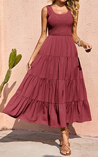 PRETTYGARDEN Women's Smocked Tank Casual Plain Maxi Sundress with Pockets - color: Bean Paste Red, size: Small