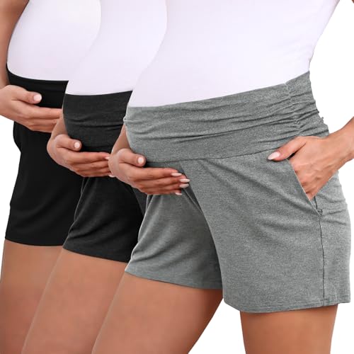 Eileithyia Women's Maternity Lounge Shorts with Pockets Cooling Summer Maternity Clothes Pregnancy Must Haves - color: 3pack Black/Dark Grey/Light Grey, size: Medium-Large