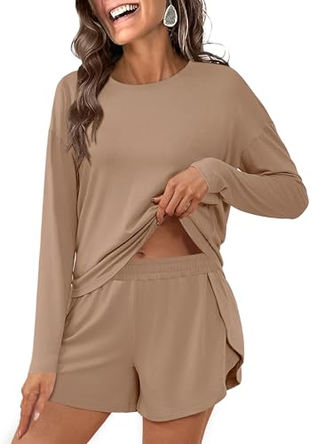 ANRABESS Womens Long Sleeve Striped Pajama 2 Piece Lounge Sets - color: Light Brown, size: Medium