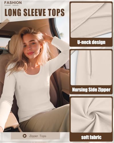 3 Pack Women's Long Sleeve Nursing Tops - color: Cream, Camel, Brown, size: Small