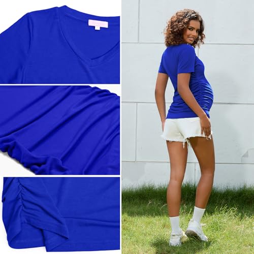 Bhome Maternity Shirt Short Sleeve Pregnancy Tshirt Side Ruched Tee Top - color: Royal Blue Vneck, size: Medium