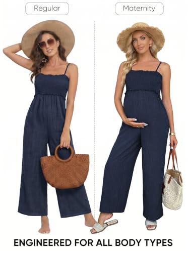 BLENCOT Women's Smocked Maternity Jumpsuit Loose Overalls - color: Dirty Blue, size: XX-Large
