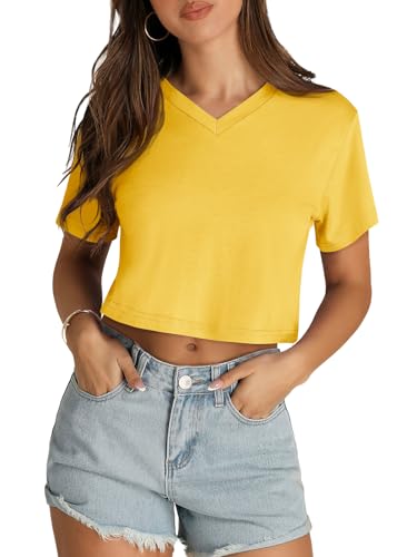 Womens Crop Tops Short Sleeve V Neck Summer Cropped T Shirts Baisc Tees - color: Solid Yellow, size: Large
