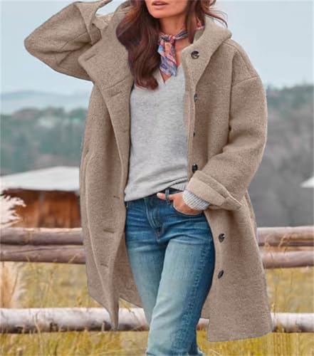 chouyatou Women's Winter Single Breasted Long Wool Coat with Hood Casual Wool Blend Trench Coat Jacket - color: Khaki, size: Small